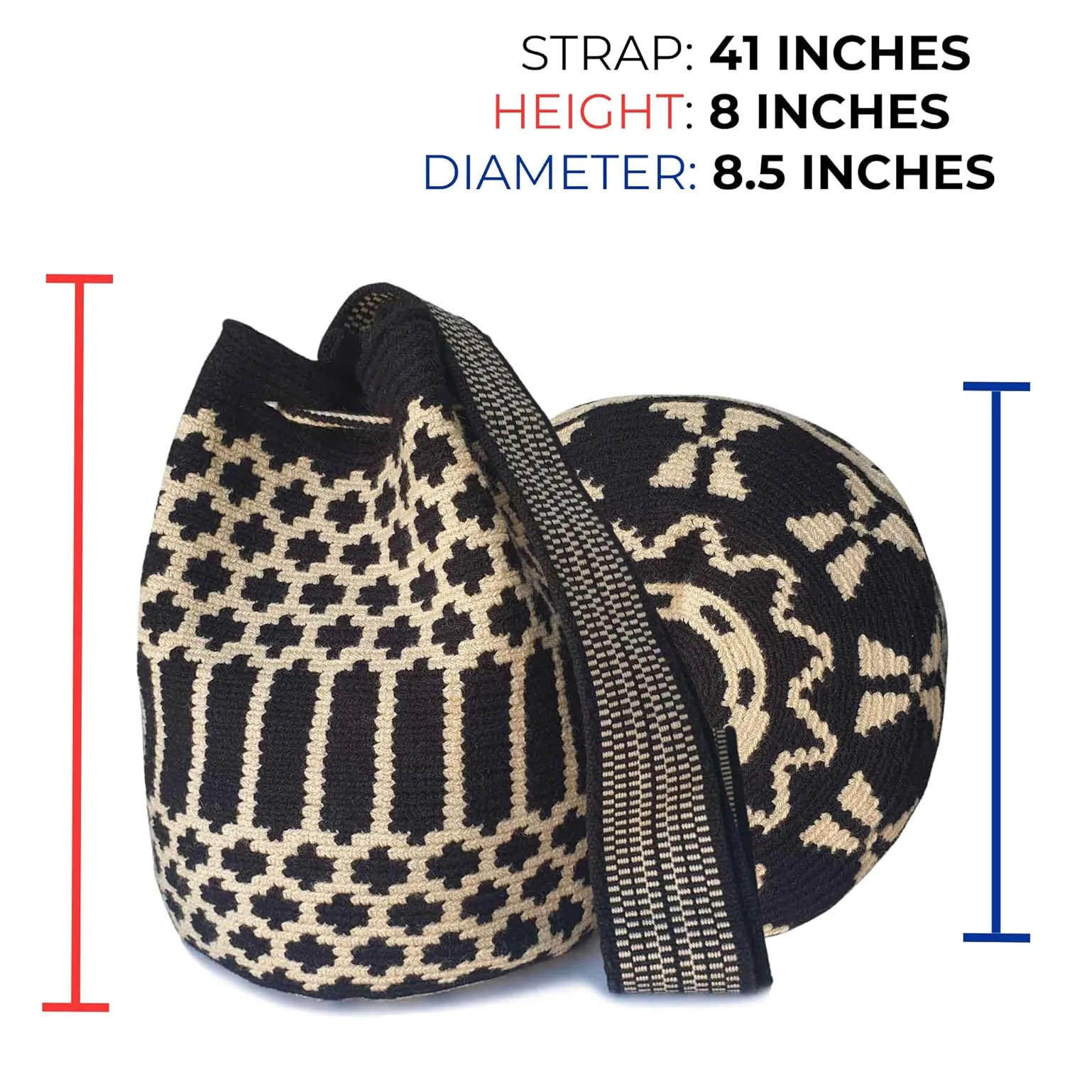 Classic Authentic WAYUU Bag, Mochila from Colombia, Medium Crochet Crossbody, Handmade Medium Purse, Bucket Bag, Colombian Craft. (Zebra)