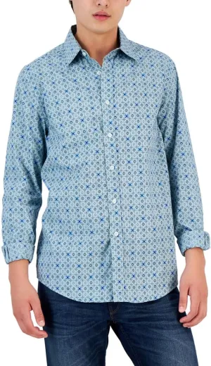 Club Room Mens Cotton Print Button-Down Shirt Blue XL