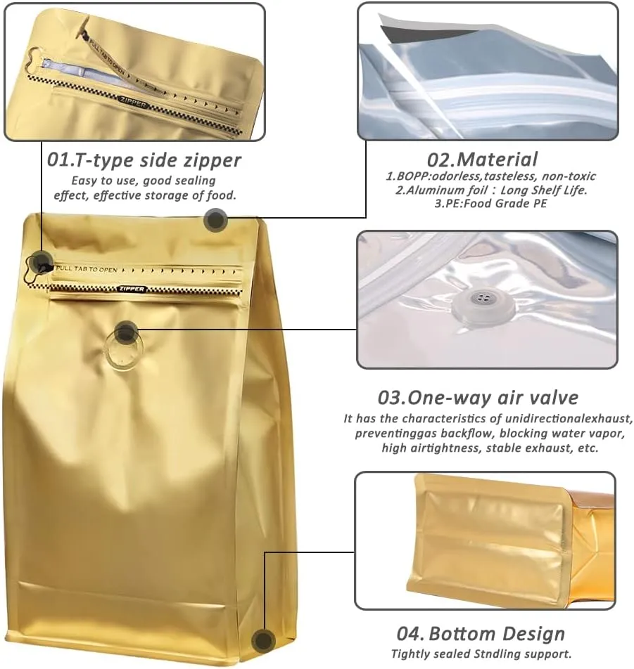 Coffee Bags with Valve(50pcs,8oz) Golden High Barrier Aluminumed Foil Flat Bottom Standing Coffee Beans Storage Bags,Reusable Heat Sealable Side Zipper Pouches for Home or Store
