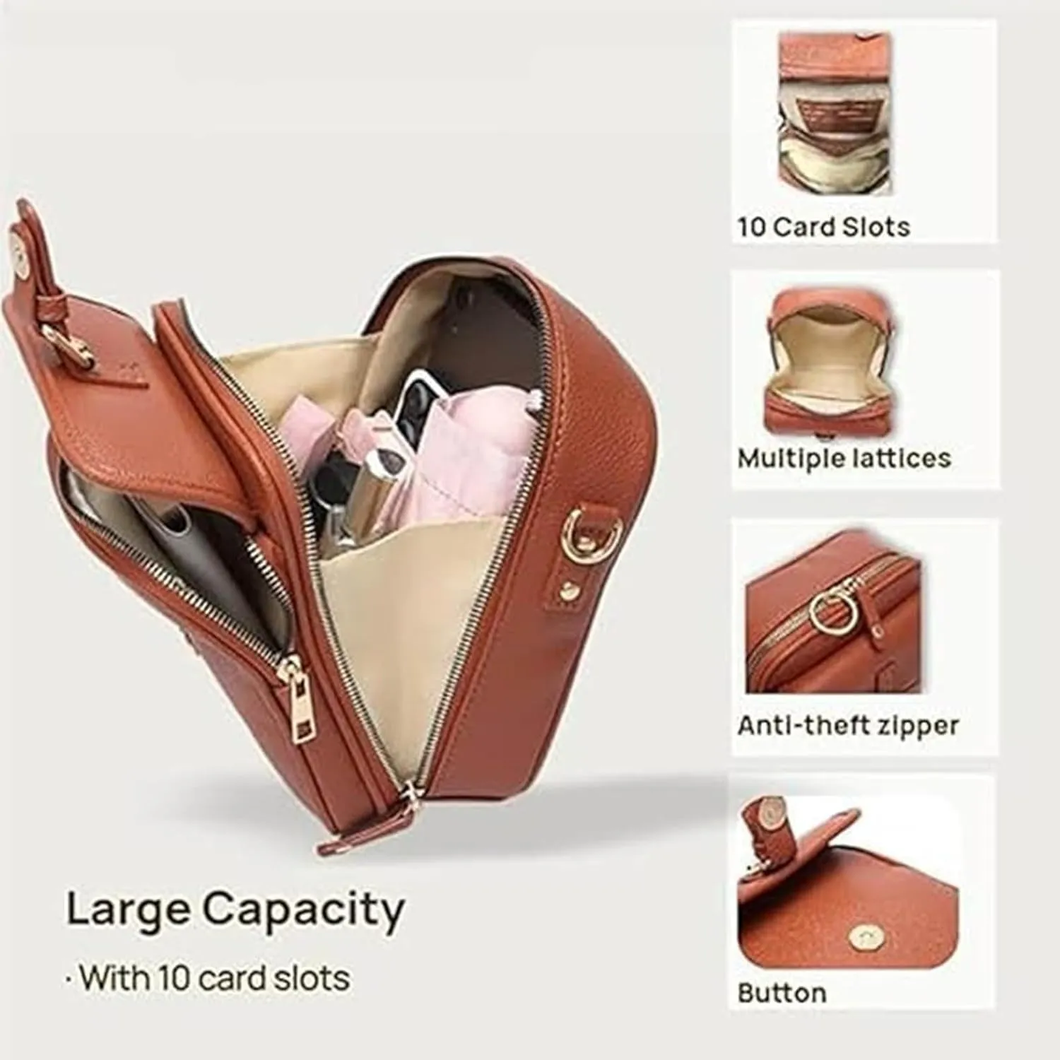 Collaboraten1 Crossbody Leather Bag, Large Capacity with 10 Card Slots, Anti Theft Shoulder Bags for Women Travel