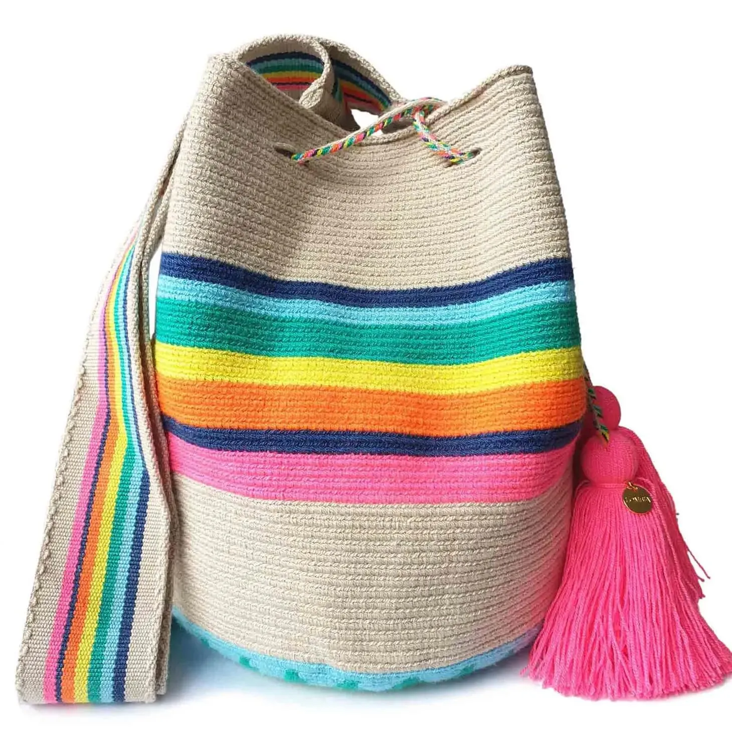 Colombian WAYUU Bag, Original Crochet Crossbody, Handmade Colombian Bucket Bag, Ethical Purse, Artisanmade Mochila (Rainbow)