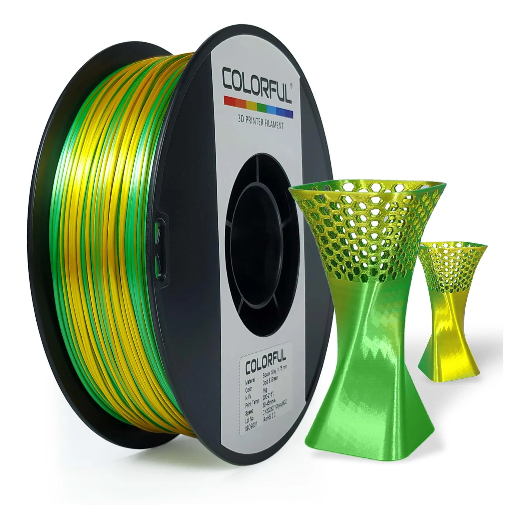 COLORFUL Silk PLA Filament 1.75mm 3D Printer Filament, Dual Color Filament, Shiny Filament 1kg Spool(2.2lbs), Silk 3D Printing Filament, Gold Green
