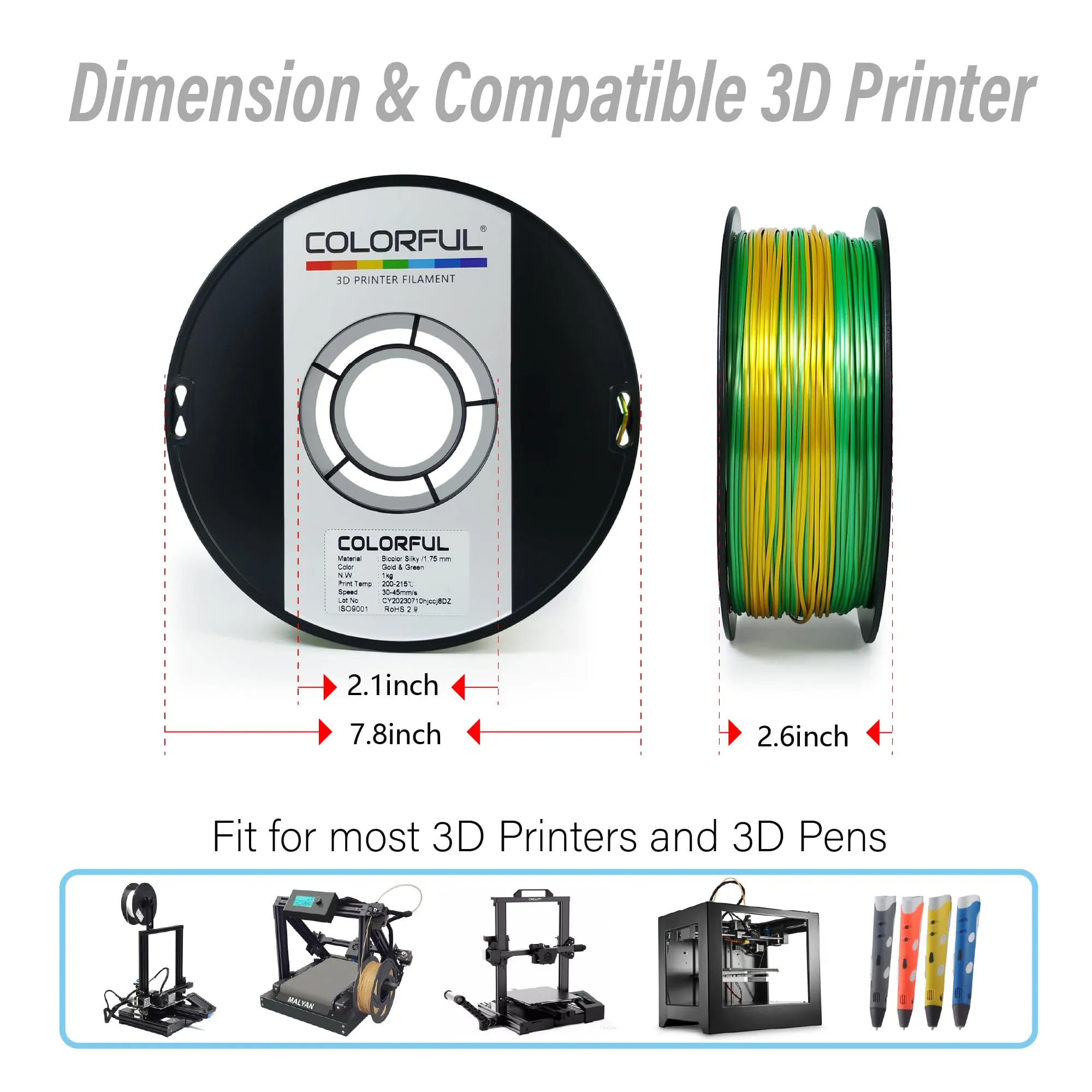 COLORFUL Silk PLA Filament 1.75mm 3D Printer Filament, Dual Color Filament, Shiny Filament 1kg Spool(2.2lbs), Silk 3D Printing Filament, Gold Green
