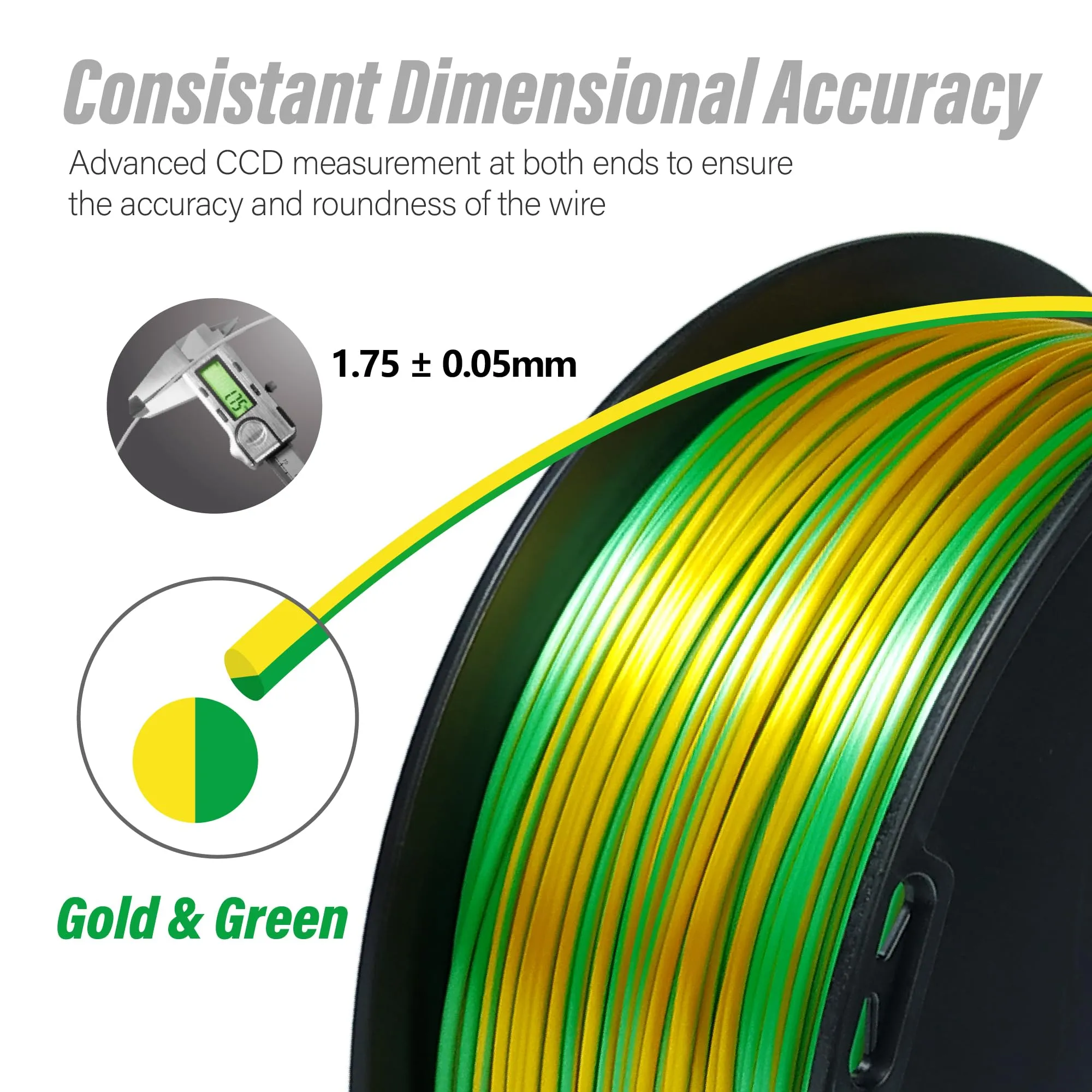 COLORFUL Silk PLA Filament 1.75mm 3D Printer Filament, Dual Color Filament, Shiny Filament 1kg Spool(2.2lbs), Silk 3D Printing Filament, Gold Green