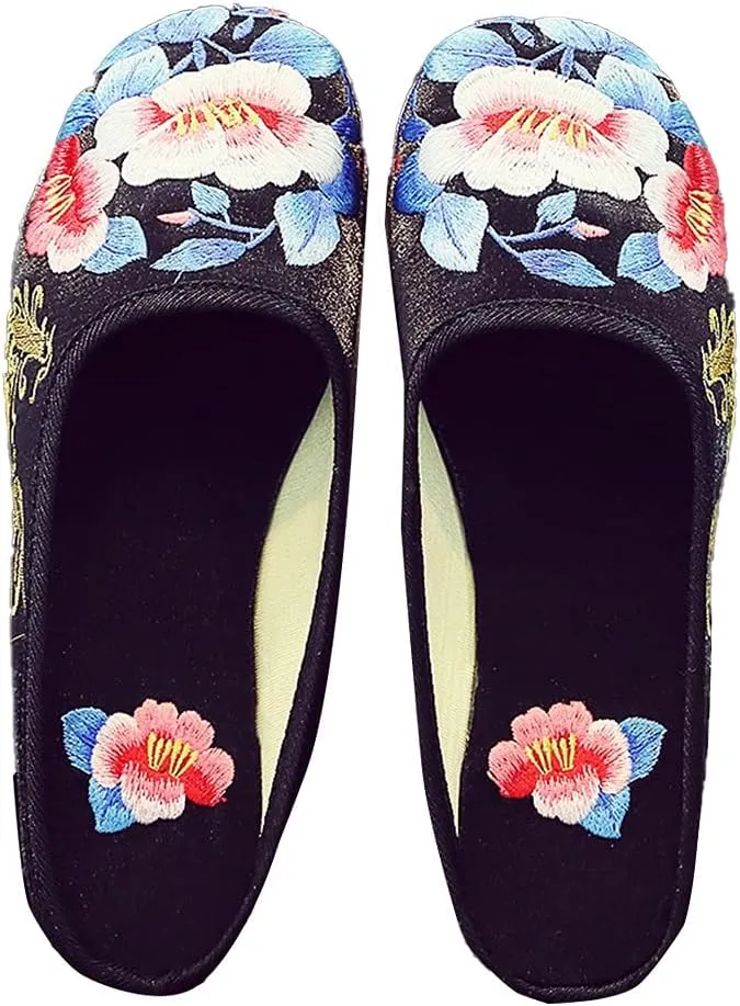 Comfy Slip on Women's Slippers, Embroidered Shoes Women's, Chinese Embroidery Mules Slippers, Floral Embroidery Slippers Casual Shoes Household Canvas Slippers (Color : Black, Size : EUR 38)