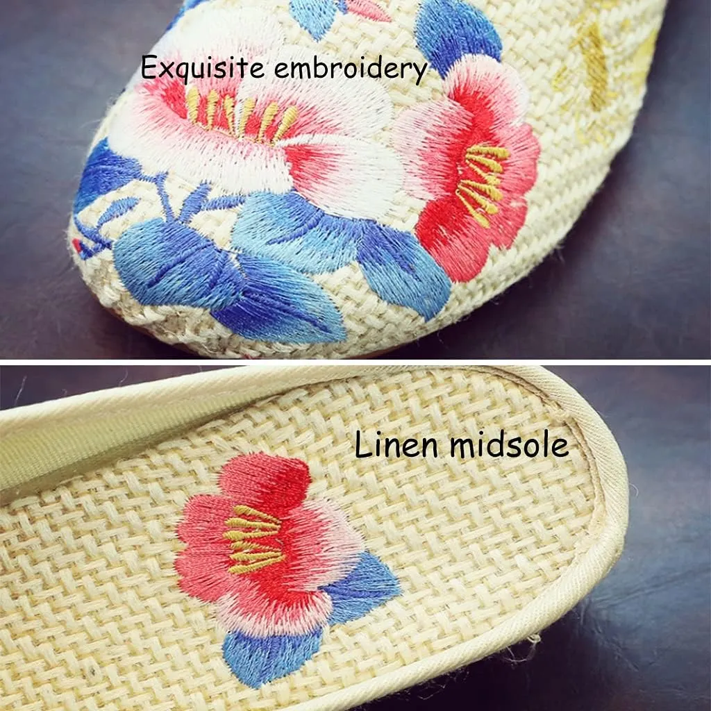 Comfy Slip on Women's Slippers, Embroidered Shoes Women's, Chinese Embroidery Mules Slippers, Floral Embroidery Slippers Casual Shoes Household Canvas Slippers (Color : Black, Size : EUR 38)