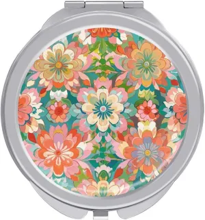 Compact Mirror Cute Flower Pattern Print Metal Pocket Travel Makeup Mirror Small Folding Portable Handheld Makeup Mirrors for Women