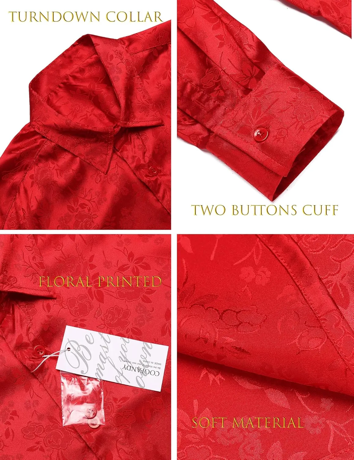 COOFANDY Men's Silk Satin Dress Shirts Jacquard Long Sleeve Floral Button Up Shirts Party Prom Wedding Shirt