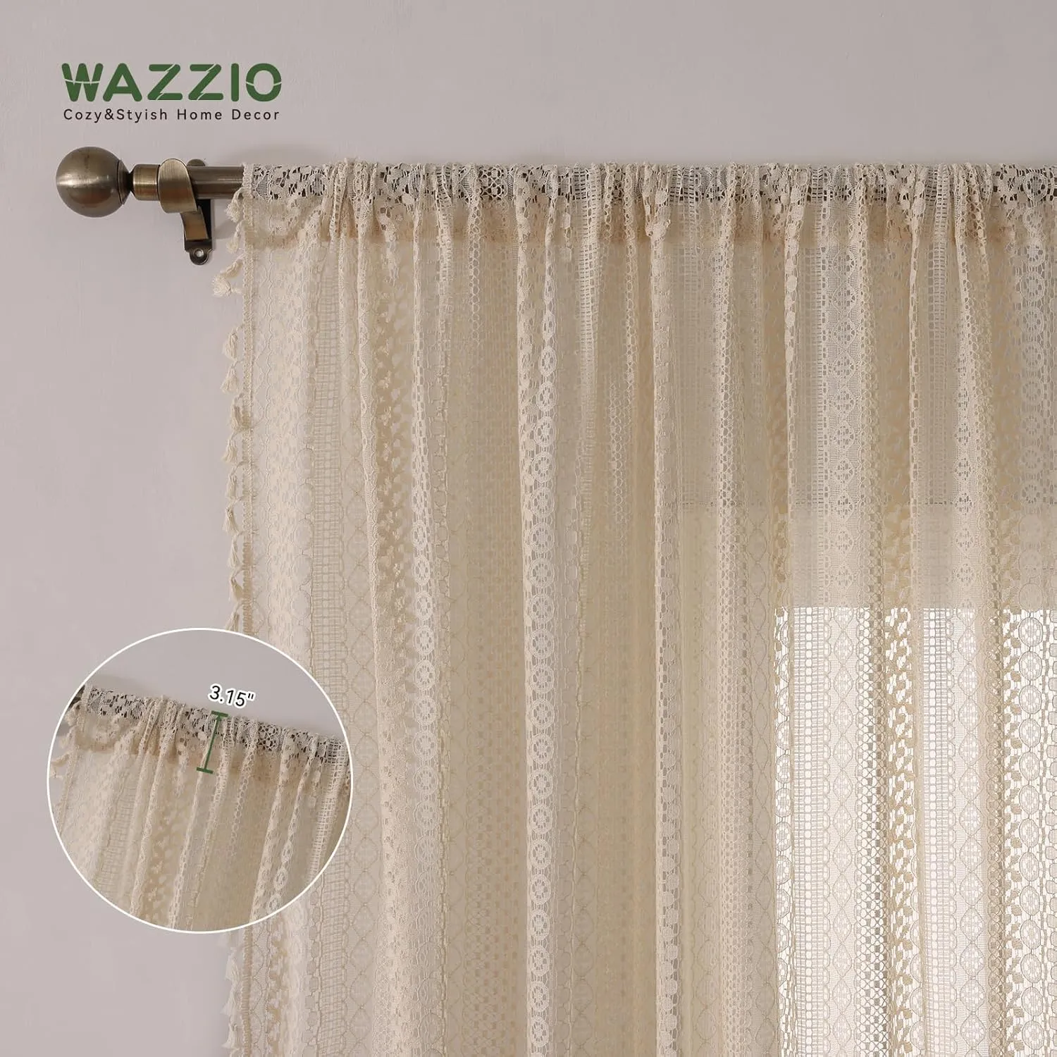 Cottage Style Sheer Curtains 72 Inches Long 2 Panel,Rod Pocket French Country Privacy Sheer Curtain Tassel Bohemian Short Curtains for Bedroom Living Room Kitchen - Beige