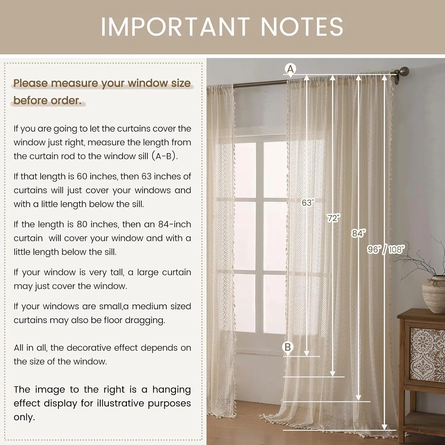 Cottage Style Sheer Curtains 72 Inches Long 2 Panel,Rod Pocket French Country Privacy Sheer Curtain Tassel Bohemian Short Curtains for Bedroom Living Room Kitchen - Beige