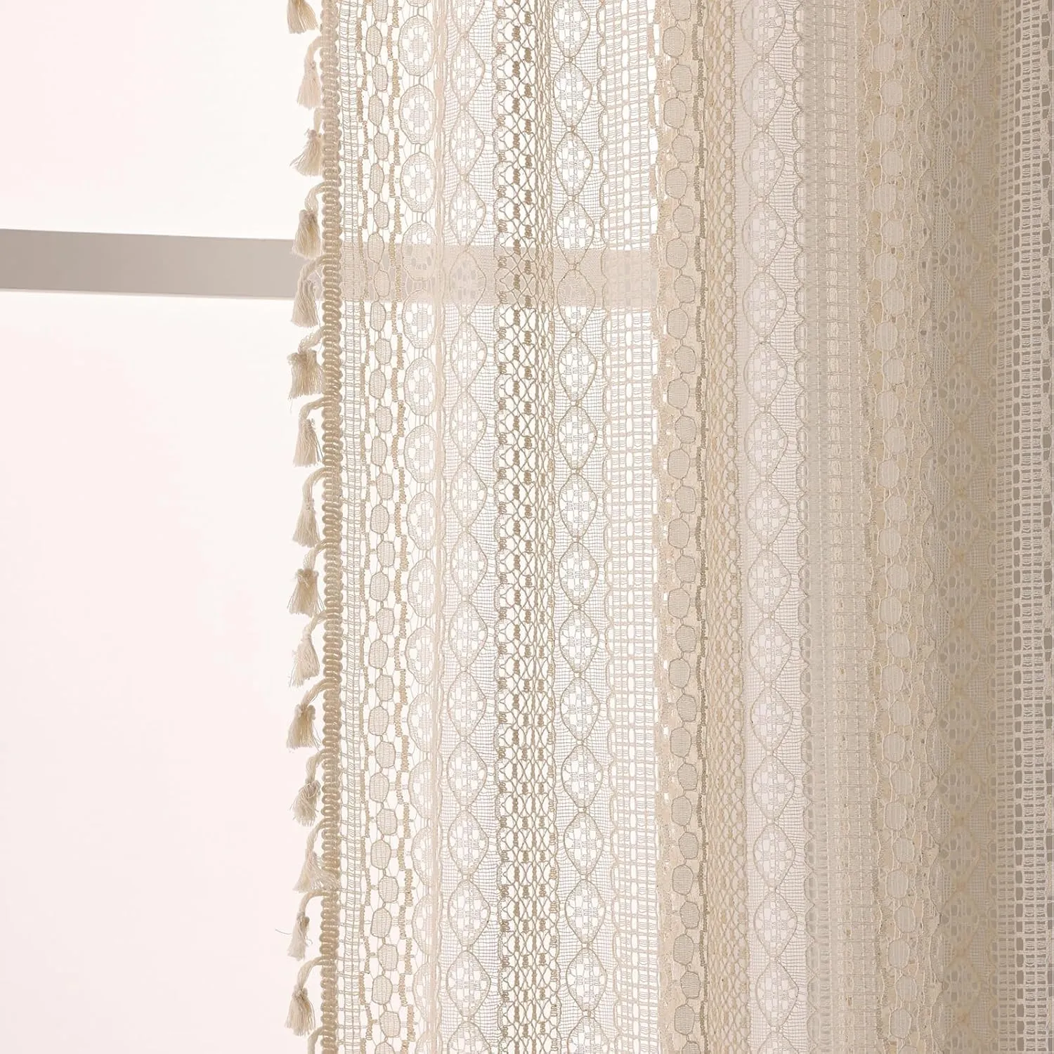 Cottage Style Sheer Curtains 72 Inches Long 2 Panel,Rod Pocket French Country Privacy Sheer Curtain Tassel Bohemian Short Curtains for Bedroom Living Room Kitchen - Beige