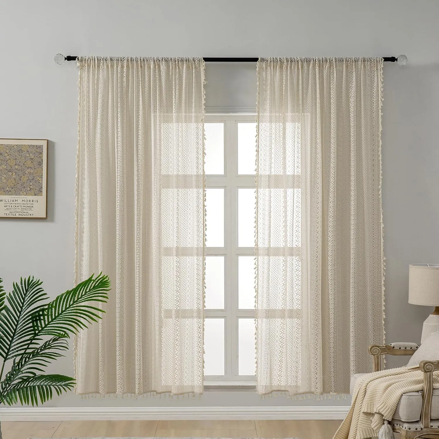 Cottage Style Sheer Curtains 72 Inches Long 2 Panel,Rod Pocket French Country Privacy Sheer Curtain Tassel Bohemian Short Curtains for Bedroom Living Room Kitchen - Beige