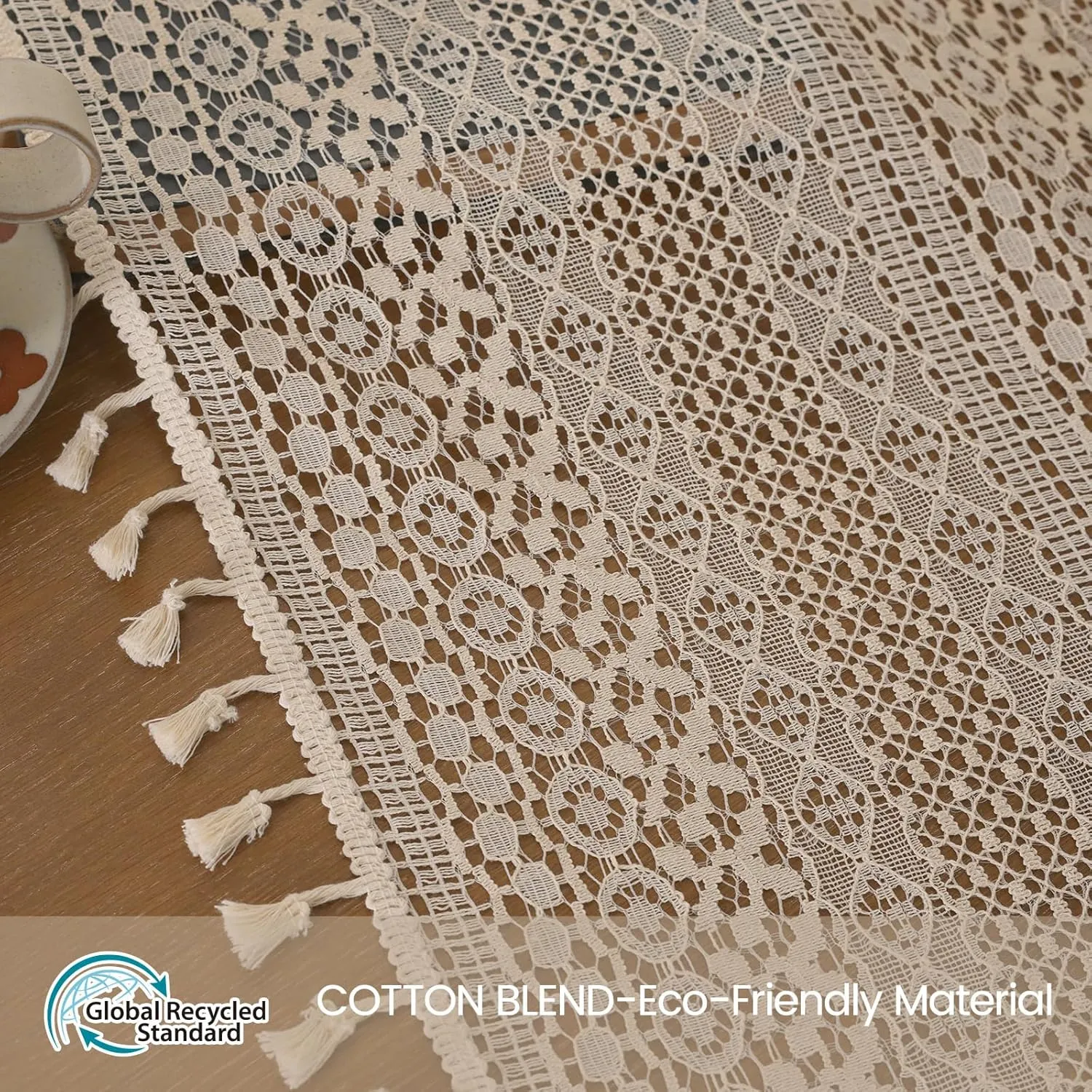 Cottage Style Sheer Curtains 72 Inches Long 2 Panel,Rod Pocket French Country Privacy Sheer Curtain Tassel Bohemian Short Curtains for Bedroom Living Room Kitchen - Beige