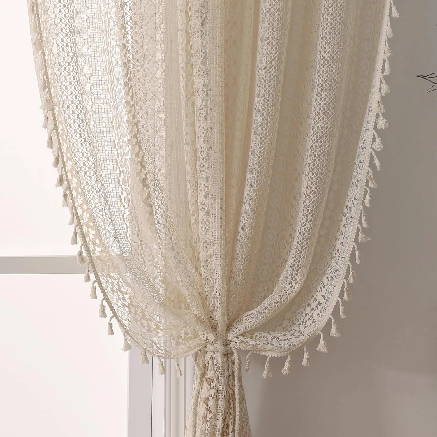 Cottage Style Sheer Curtains 72 Inches Long 2 Panel,Rod Pocket French Country Privacy Sheer Curtain Tassel Bohemian Short Curtains for Bedroom Living Room Kitchen - Beige