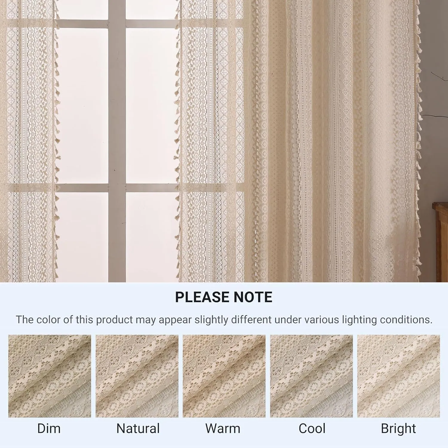 Cottage Style Sheer Curtains 72 Inches Long 2 Panel,Rod Pocket French Country Privacy Sheer Curtain Tassel Bohemian Short Curtains for Bedroom Living Room Kitchen - Beige