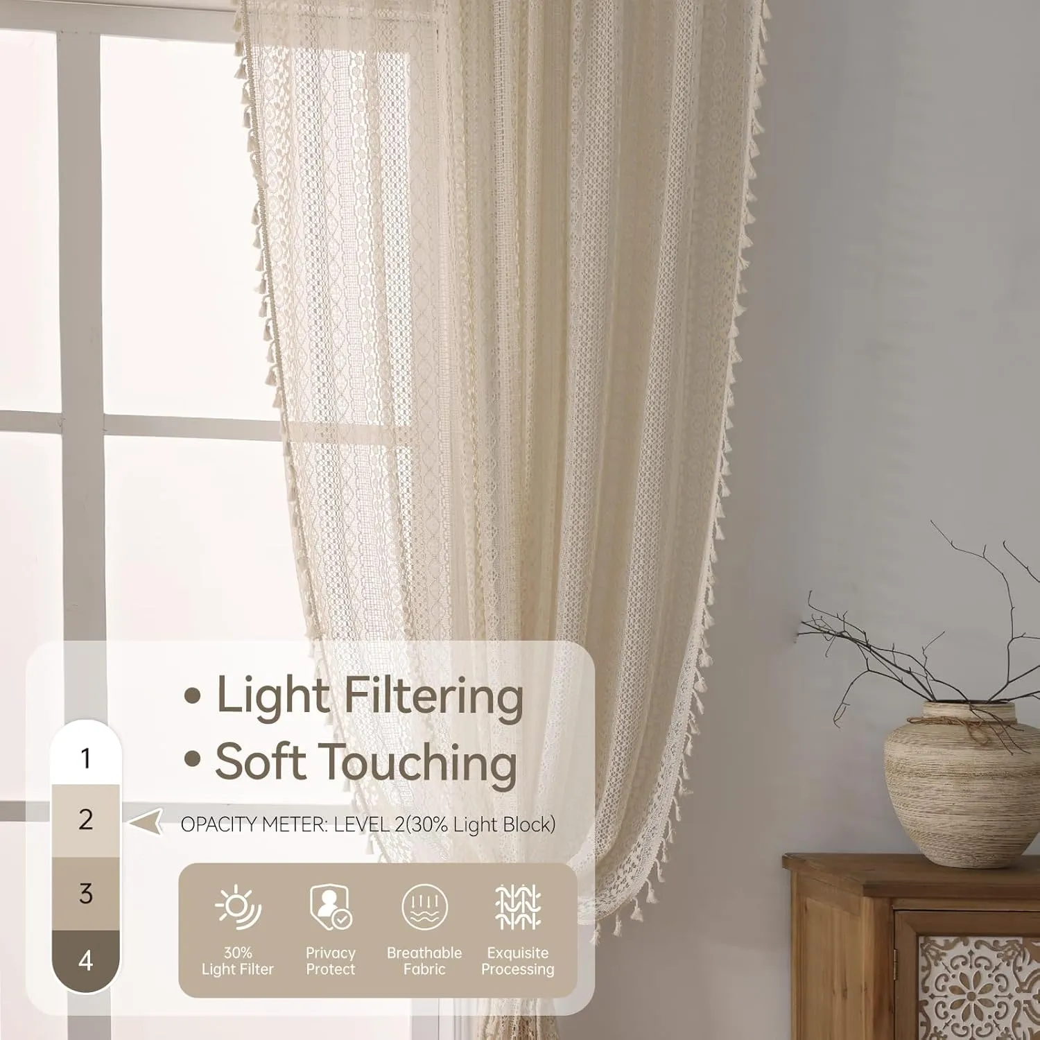 Cottage Style Sheer Curtains 72 Inches Long 2 Panel,Rod Pocket French Country Privacy Sheer Curtain Tassel Bohemian Short Curtains for Bedroom Living Room Kitchen - Beige