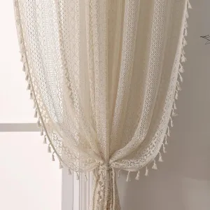 Cottage Style Sheer Curtains 72 Inches Long 2 Panel,Rod Pocket French Country Privacy Sheer Curtain Tassel Bohemian Short Curtains for Bedroom Living Room Kitchen - Beige