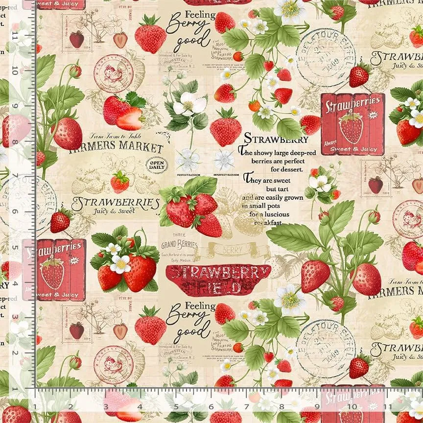 Cotton Berry Sweet Fruit Strawberries Market Collage Flowers Timeless Treasures Cotton Fabric Print by The Yard (FRUIT-CD3400-Beige)