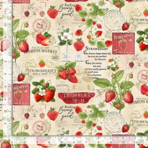 Cotton Berry Sweet Fruit Strawberries Market Collage Flowers Timeless Treasures Cotton Fabric Print by The Yard (FRUIT-CD3400-Beige)