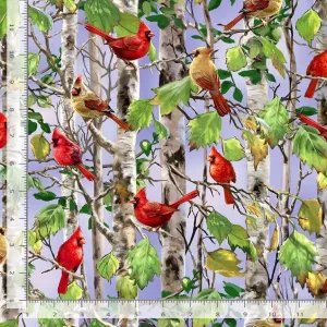 Cotton Cardinal on Birch Tree Spring Song Birds Leaves Nature Timeless Treasures Cotton Fabric Print by The Yard (DONA-CD3198-MULTI)