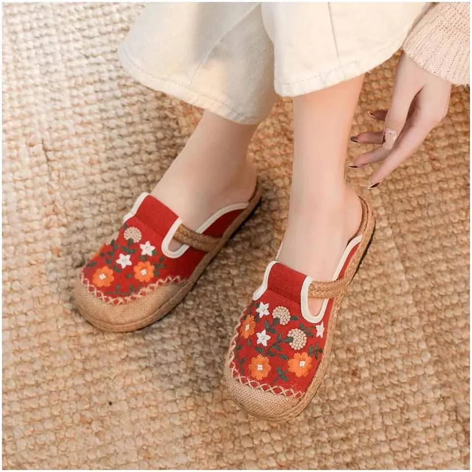 Cotton China Shoes ，Embroidered Shoes Women's Chinese Floral Embroidery Slippers Casual Shoes，Canvas Linen Slipper (Color : Red, Size : EUR35/36)