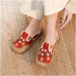 Cotton China Shoes ，Embroidered Shoes Women's Chinese Floral Embroidery Slippers Casual Shoes，Canvas Linen Slipper (Color : Red, Size : EUR35/36)