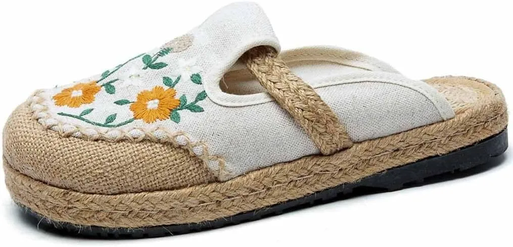 Cotton China Shoes ，Embroidered Shoes Women's Chinese Floral Embroidery Slippers Casual Shoes，Canvas Linen Slipper (Color : White, Size : EUR35/36)