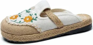 Cotton China Shoes ，Embroidered Shoes Women's Chinese Floral Embroidery Slippers Casual Shoes，Canvas Linen Slipper (Color : White, Size : EUR35/36)
