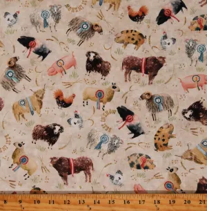 Cotton County Fair Prize Animals Pigs Sheep Chickens Show Awards Cream Cotton Fabric Print by The Yard (DC11340-CREM-D)