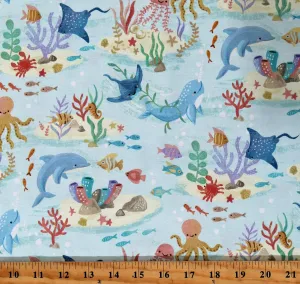 Cotton Cute Ocean Animals Nautical Fish Fishes Aqua Cotton Fabric Print by The Yard (OLIVIA-CD1728-AQUA)