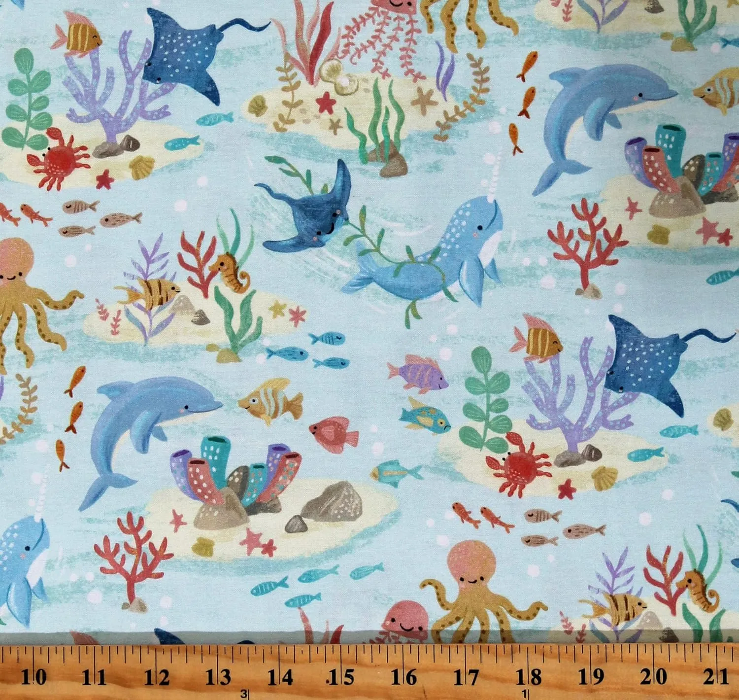 Cotton Cute Ocean Animals Nautical Fish Fishes Aqua Cotton Fabric Print by The Yard (OLIVIA-CD1728-AQUA)
