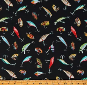 Cotton Fishing Lures Gear Bait and Tackle Black Cotton Fabric Print by The Yard (DCX11942-BLAC-D)