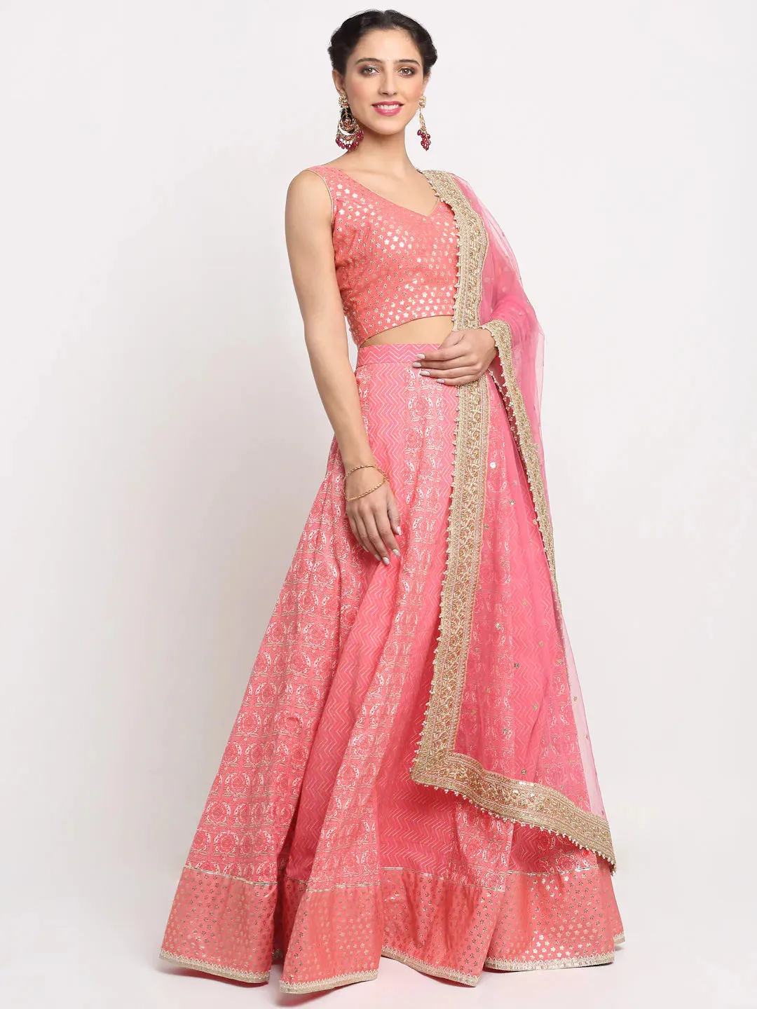 Cotton Peach Foil Work & Printed Lehenga Choli Set with Chinon Dupatta
