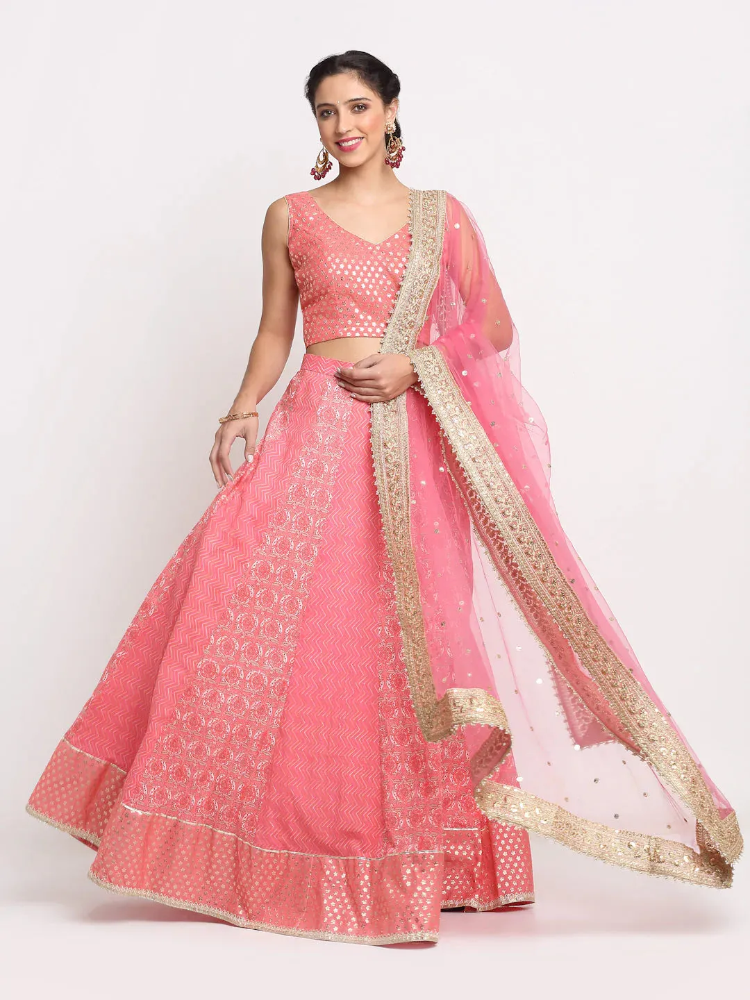 Cotton Peach Foil Work & Printed Lehenga Choli Set with Chinon Dupatta