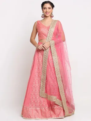 Cotton Peach Foil Work & Printed Lehenga Choli Set with Chinon Dupatta