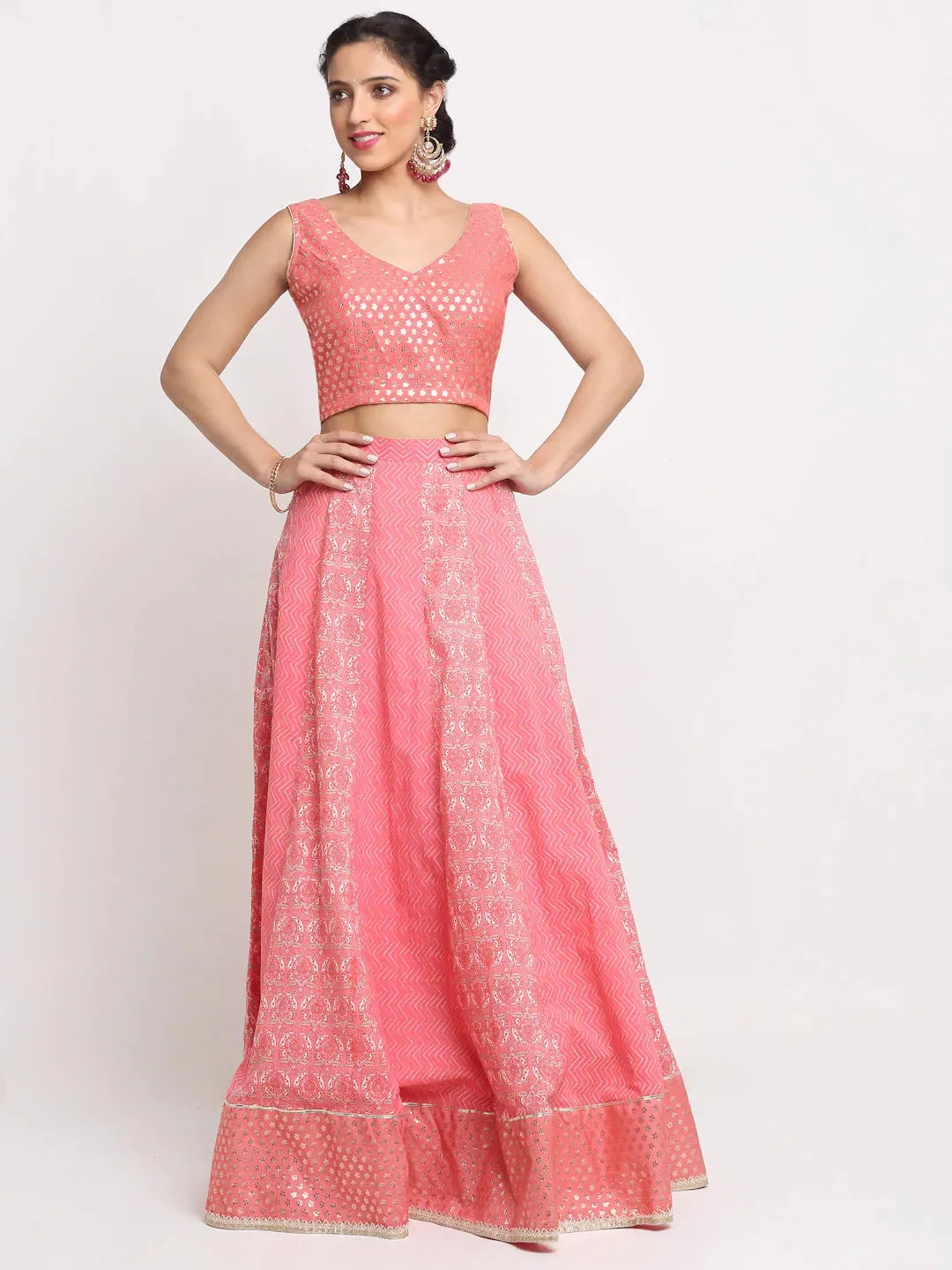 Cotton Peach Foil Work & Printed Lehenga Choli Set with Chinon Dupatta