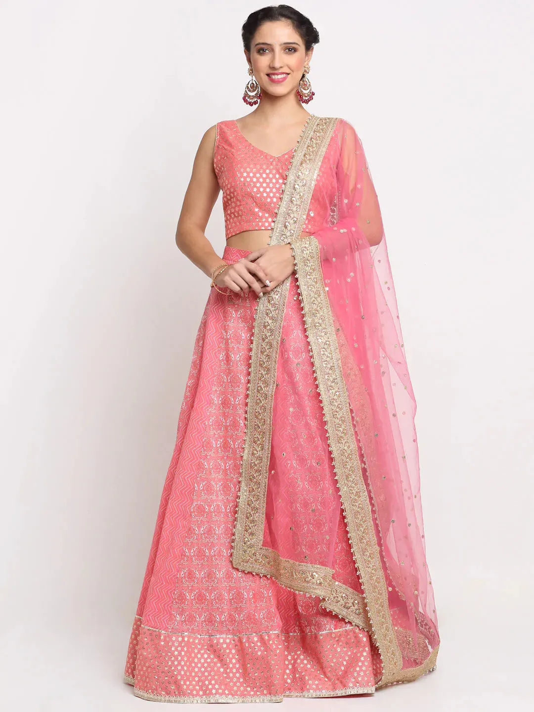 Cotton Peach Foil Work & Printed Lehenga Choli Set with Chinon Dupatta