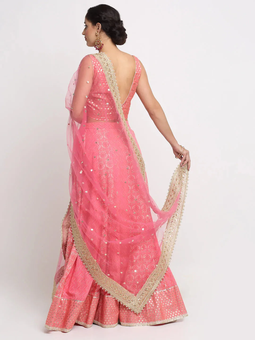 Cotton Peach Foil Work & Printed Lehenga Choli Set with Chinon Dupatta