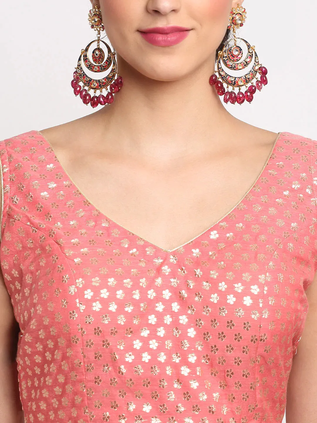 Cotton Peach Foil Work & Printed Lehenga Choli Set with Chinon Dupatta