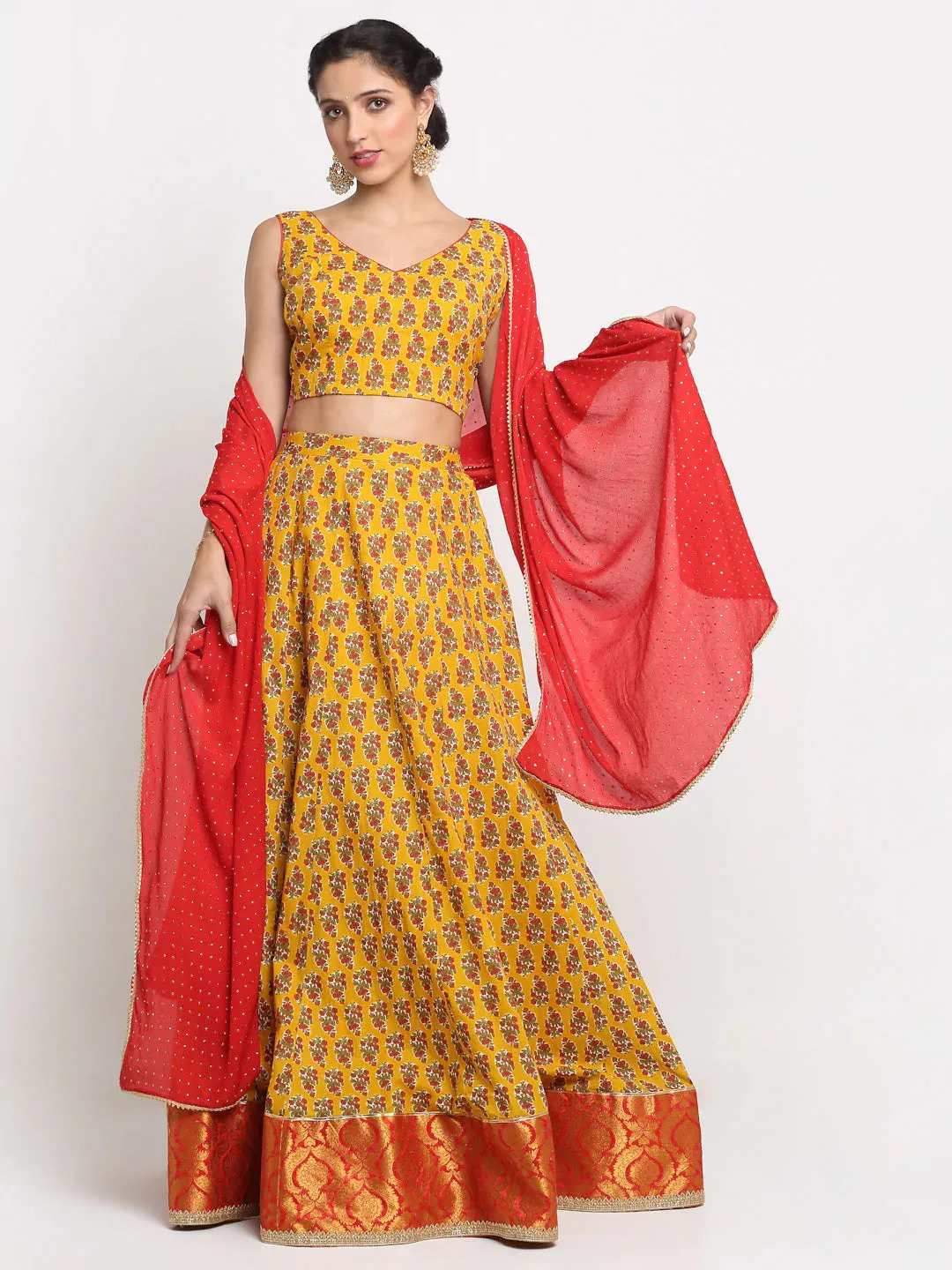 Cotton Yellow & Red Printed Lehenga Choli Set with Foil Detailing Chinon Dupatta