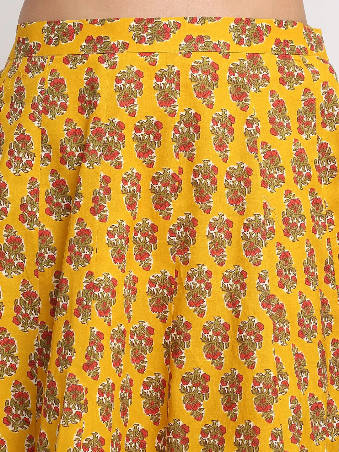 Cotton Yellow & Red Printed Lehenga Choli Set with Foil Detailing Chinon Dupatta