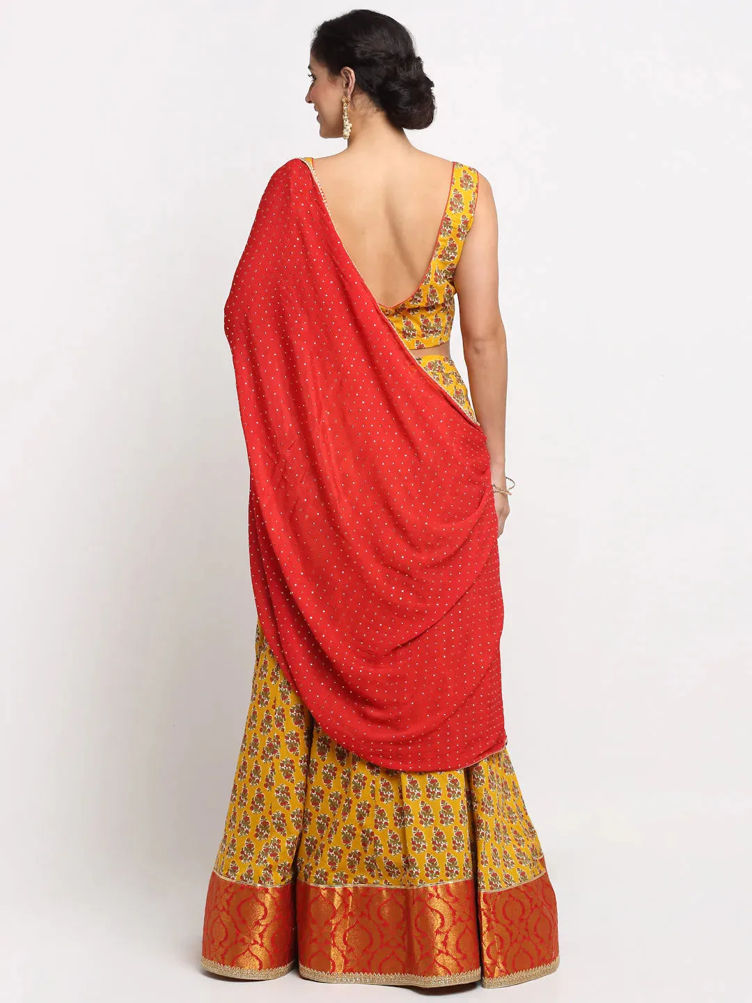 Cotton Yellow & Red Printed Lehenga Choli Set with Foil Detailing Chinon Dupatta