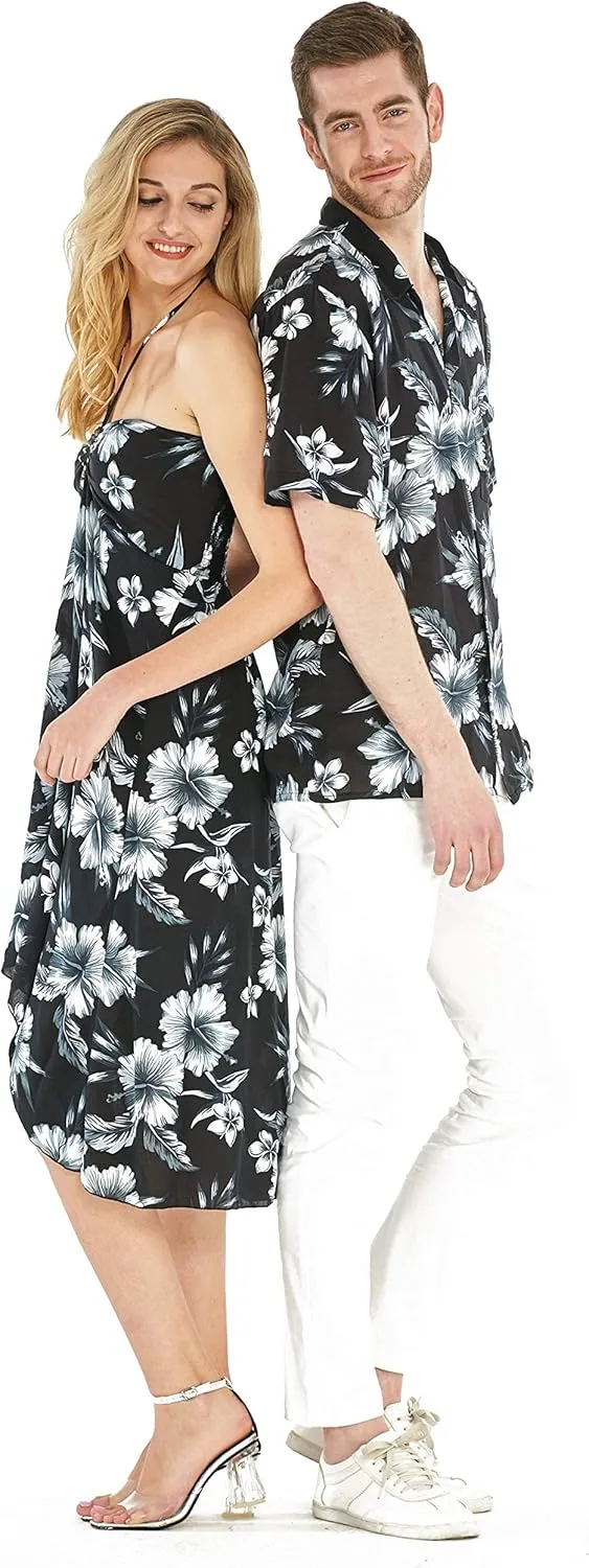 Couple Matching Hawaiian Luau Party Outfit Set Shirt Dress in Black Rafelsia