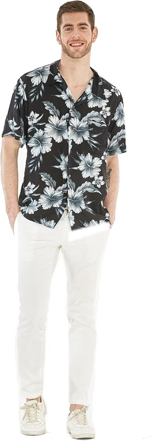 Couple Matching Hawaiian Luau Party Outfit Set Shirt Dress in Black Rafelsia