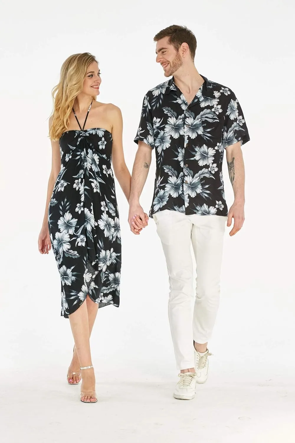 Couple Matching Hawaiian Luau Party Outfit Set Shirt Dress in Black Rafelsia
