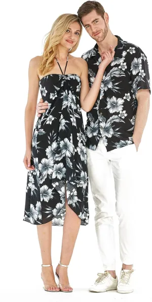 Couple Matching Hawaiian Luau Party Outfit Set Shirt Dress in Black Rafelsia