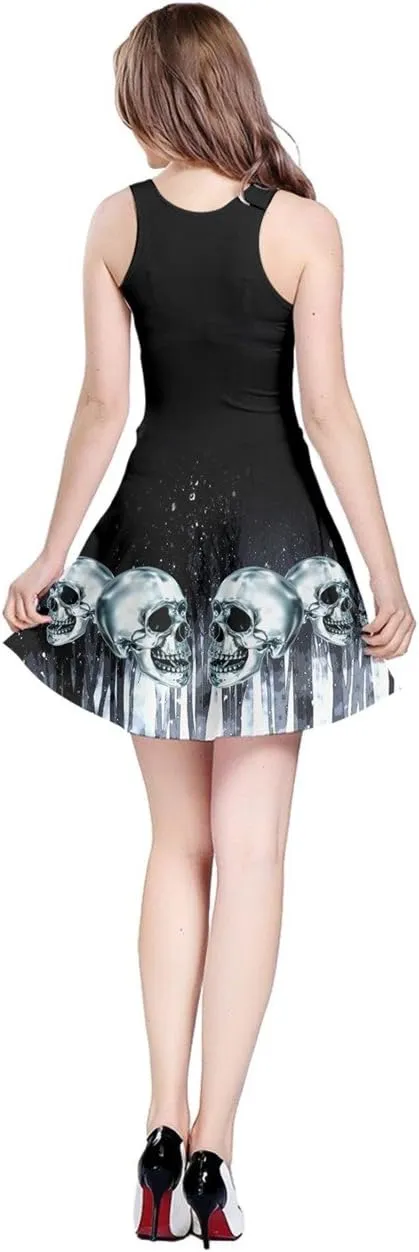 CowCow Womens Party Mini Dress Grunge Skulls Pattern Gothic Sleeveless Skater Dress, XS-5XL