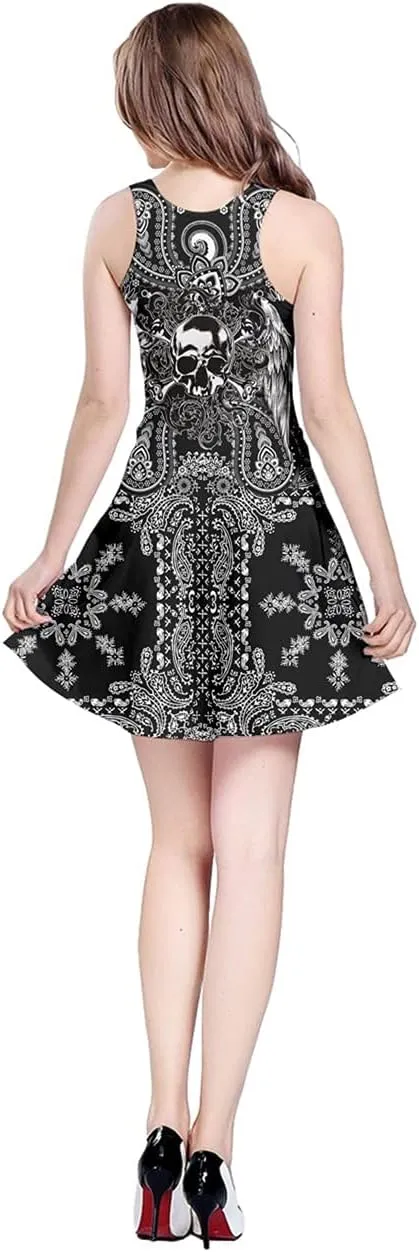 CowCow Womens Party Mini Dress Grunge Skulls Pattern Gothic Sleeveless Skater Dress, XS-5XL