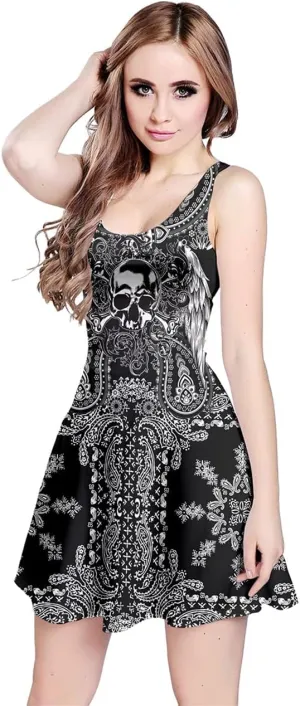 CowCow Womens Party Mini Dress Grunge Skulls Pattern Gothic Sleeveless Skater Dress, XS-5XL