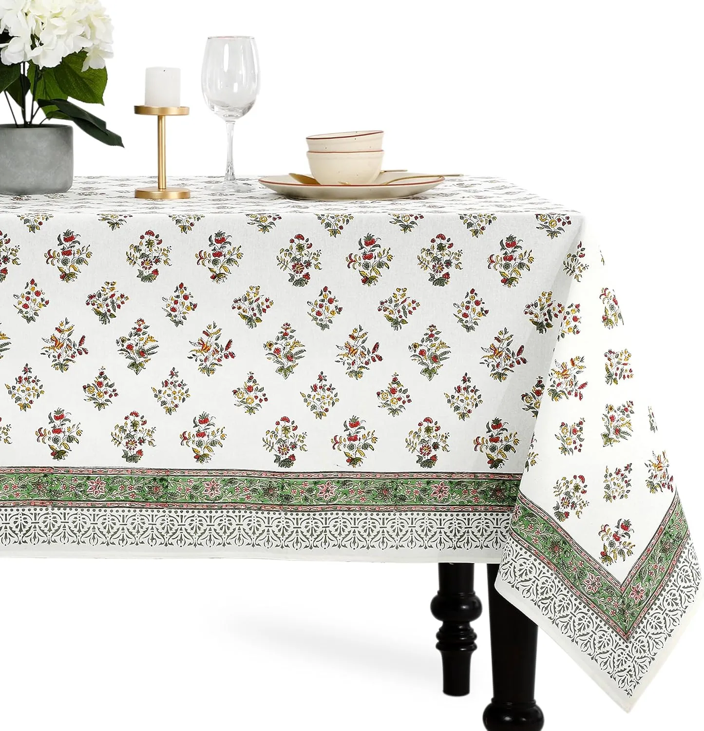 CPC Tablecloth 100% Cotton 70x108 Inch Indian Block Print Rectangle Table Cover, Green Table Cloth for Weddings, Spring/Summer Barbeque - Forest Green